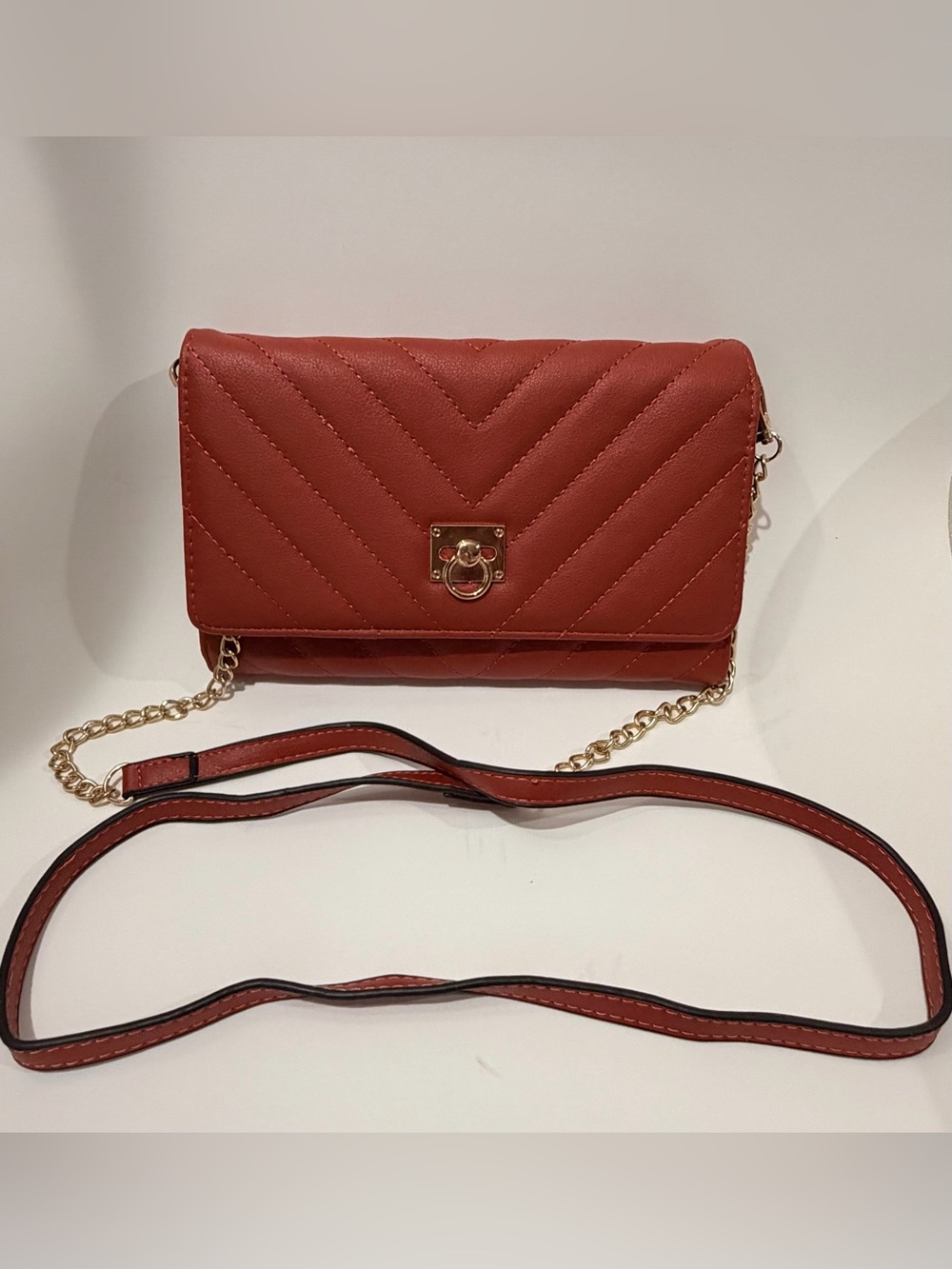Burnt Sienna Quilted Crossbody Clutch Bag Gold Chain Strap